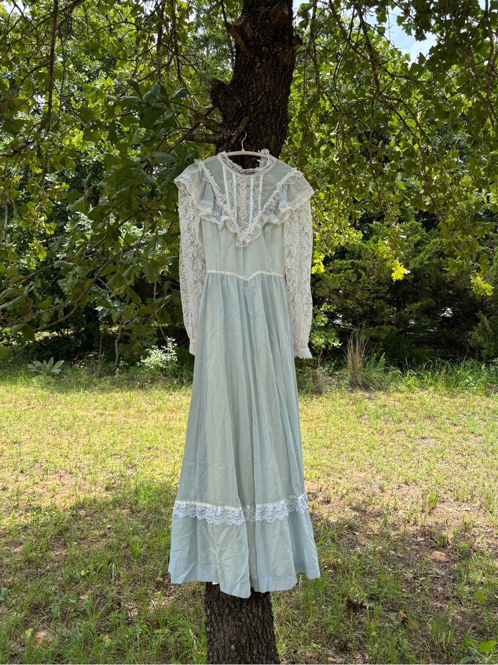 Vintage Gunne Sax Prairie Cottagecore Feminine Lacey Ruffle Maxi Dress Blue 9